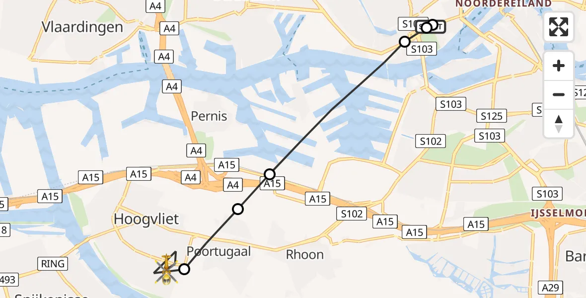 Vluchtroute Traumahelikopter van Leids Universitair Medisch Centrum (LUMC) naar Hoogvliet