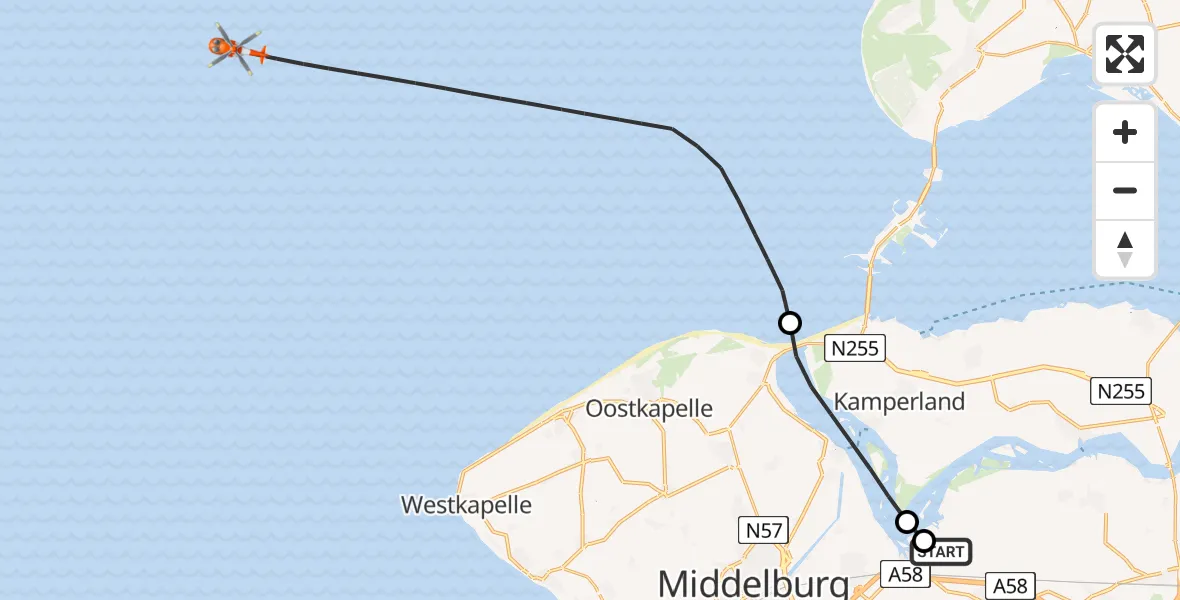 Vluchtroute Kustwachthelikopter van Vliegveld Midden-Zeeland naar Noordzee