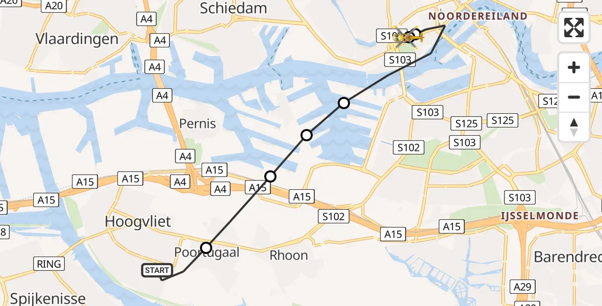 Vluchtroute Traumahelikopter van Hoogvliet naar Leids Universitair Medisch Centrum (LUMC)