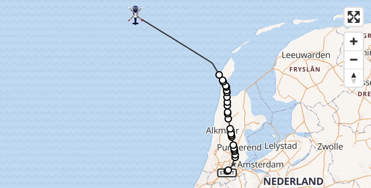 Vluchtroute Politiehelikopter van Amsterdam Vliegveld Schiphol naar North Sea