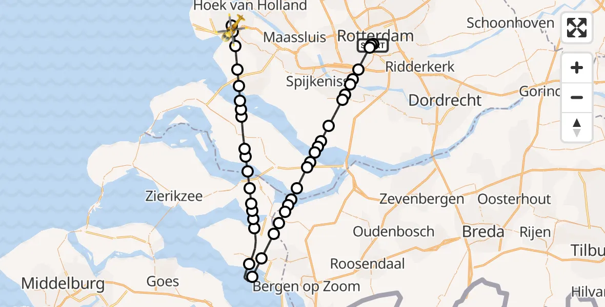Vluchtroute Traumahelikopter van Leids Universitair Medisch Centrum (LUMC) naar Rotterdam