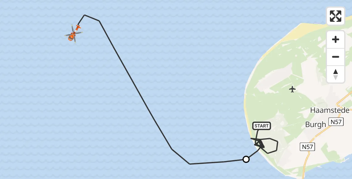 Vluchtroute Kustwachthelikopter van Burgh-Haamstede naar Noordzee