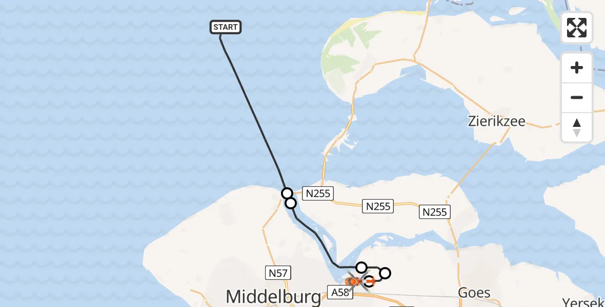 Vluchtroute Kustwachthelikopter van Noordzee naar Vliegveld Midden-Zeeland