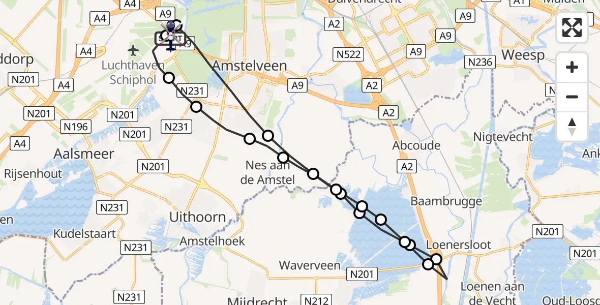 Vluchtroute Politiehelikopter van Amsterdam Vliegveld Schiphol naar Amsterdam Vliegveld Schiphol
