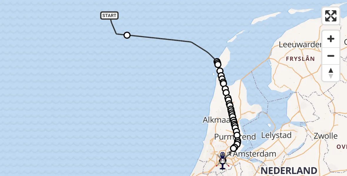 Vluchtroute Politiehelikopter van North Sea naar Amsterdam Vliegveld Schiphol