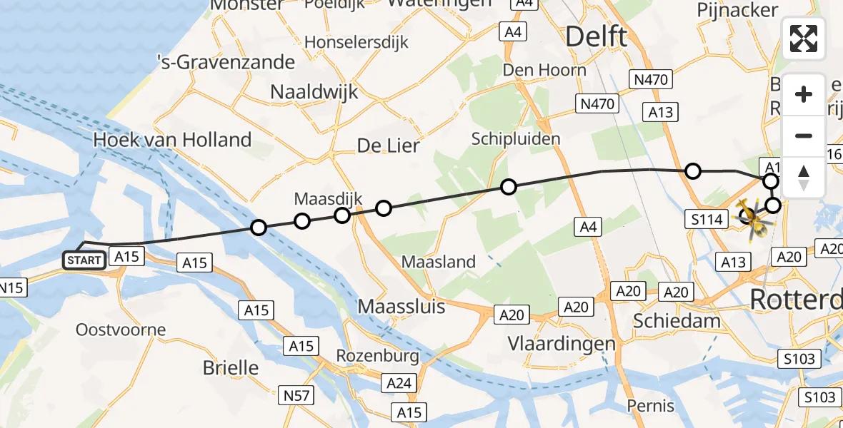 Vluchtroute Traumahelikopter van Rotterdam naar Rotterdam The Hague Airport