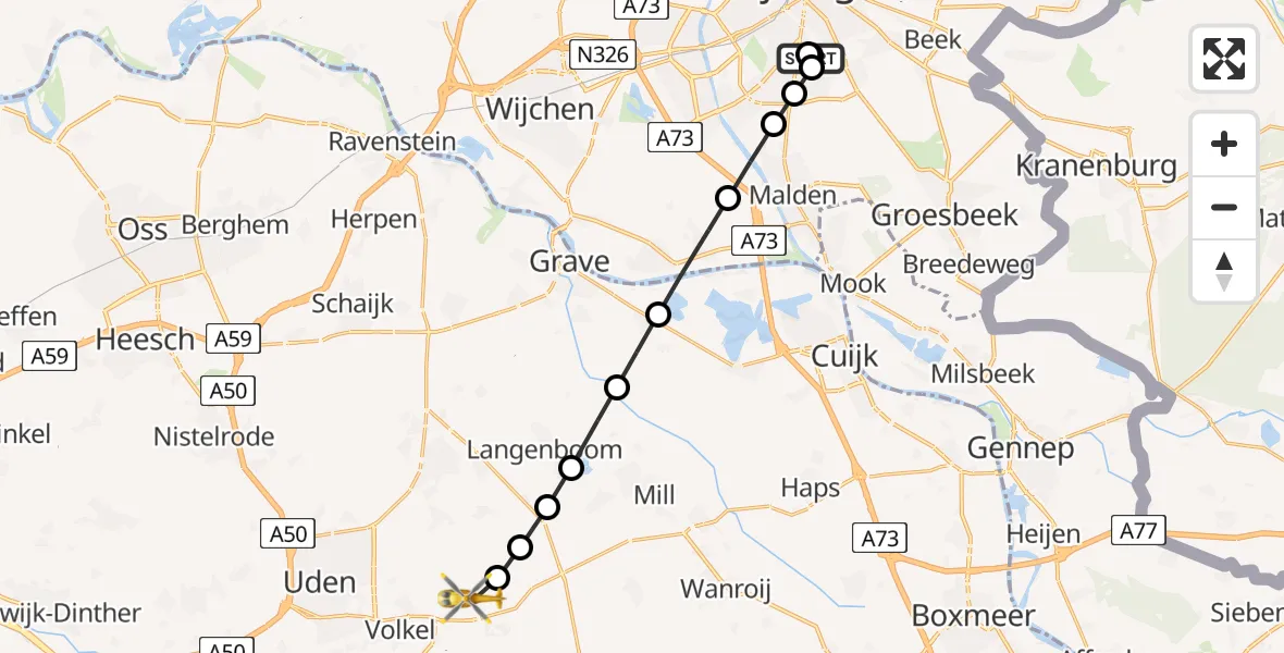 Vluchtroute Traumahelikopter van Radboud Universitair Medisch Centrum naar Vliegbasis Volkel