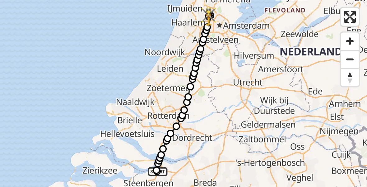 Vluchtroute Traumahelikopter van Heijningen naar Amsterdam Heliport