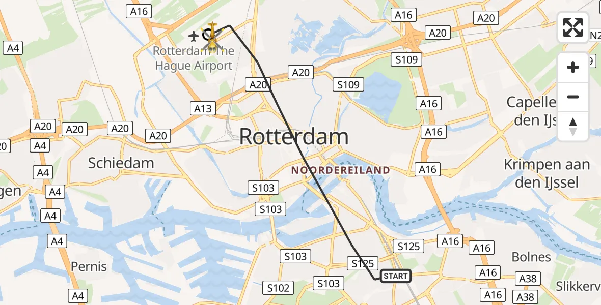 Vluchtroute Traumahelikopter van Rotterdam naar Rotterdam The Hague Airport