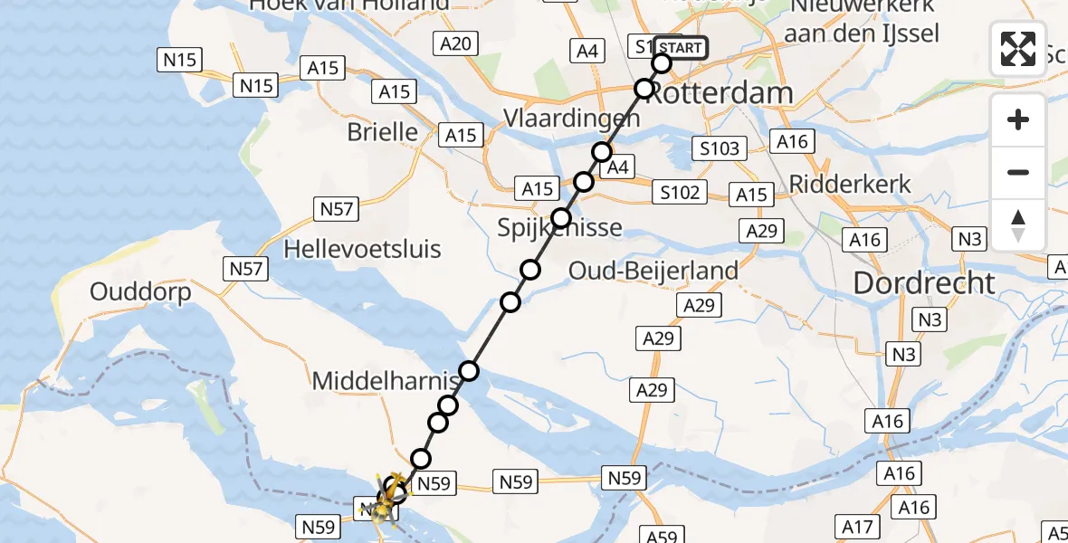 Vluchtroute Traumahelikopter van Rotterdam The Hague Airport naar Nieuwe-Tonge