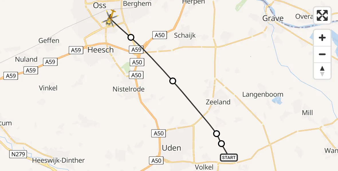 Vluchtroute Traumahelikopter van Vliegbasis Volkel naar Oss