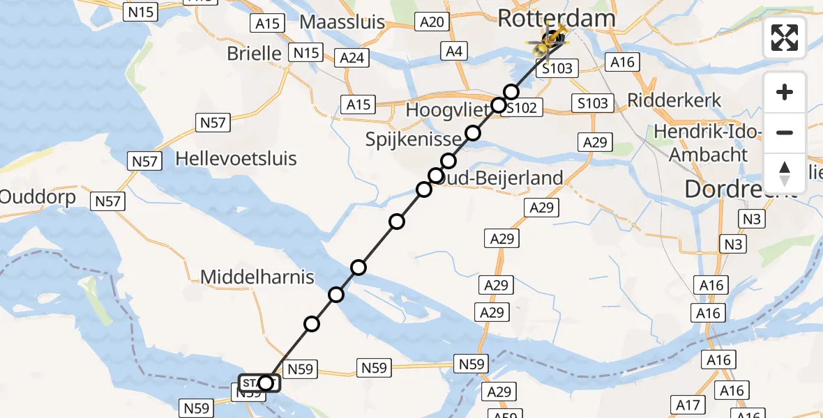 Vluchtroute Traumahelikopter van Nieuwe-Tonge naar Leids Universitair Medisch Centrum (LUMC)