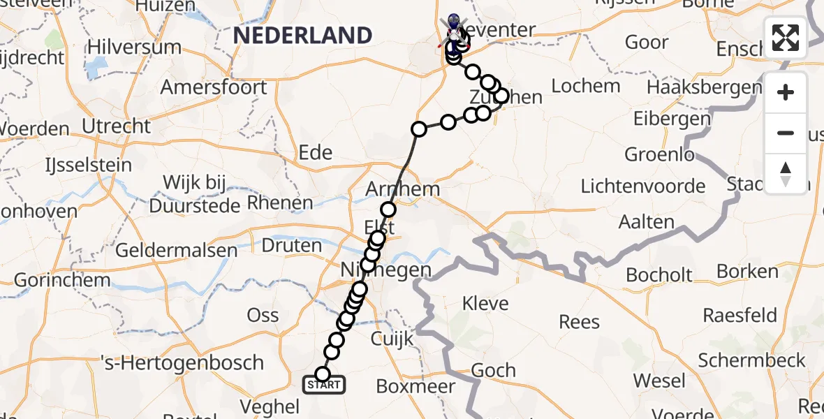Vluchtroute Politiehelikopter van Vliegbasis Volkel naar Vliegveld Teuge
