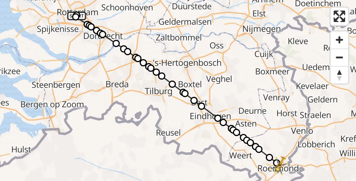 Vluchtroute Traumahelikopter van Leids Universitair Medisch Centrum (LUMC) naar Roermond