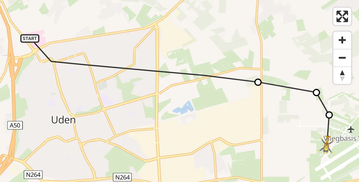 Vluchtroute Traumahelikopter van Uden naar Vliegbasis Volkel