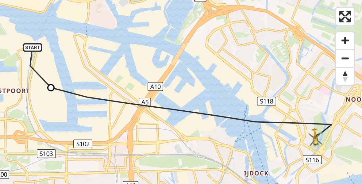 Vluchtroute Traumahelikopter van Amsterdam Heliport naar Amsterdam