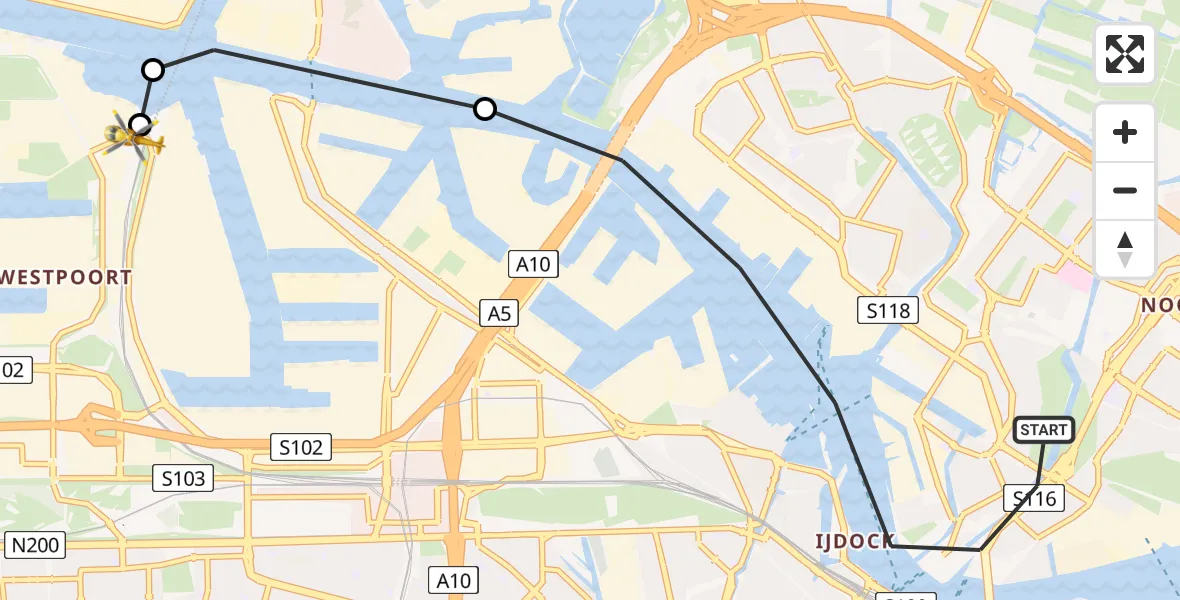 Vluchtroute Traumahelikopter van Amsterdam naar Amsterdam Heliport