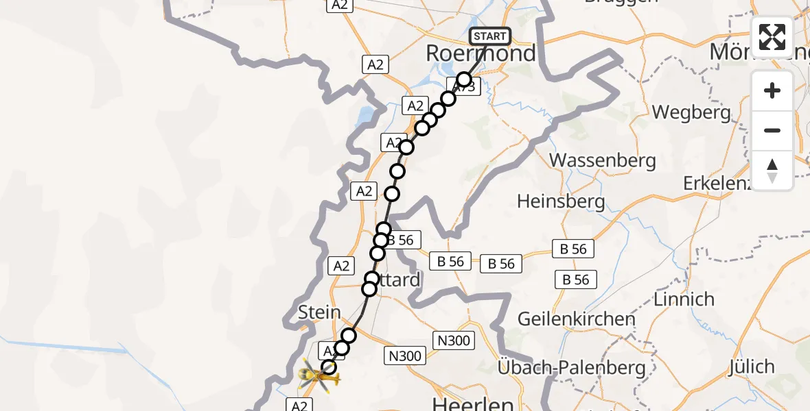 Vluchtroute Traumahelikopter van Roermond naar Maastricht Aachen Airport