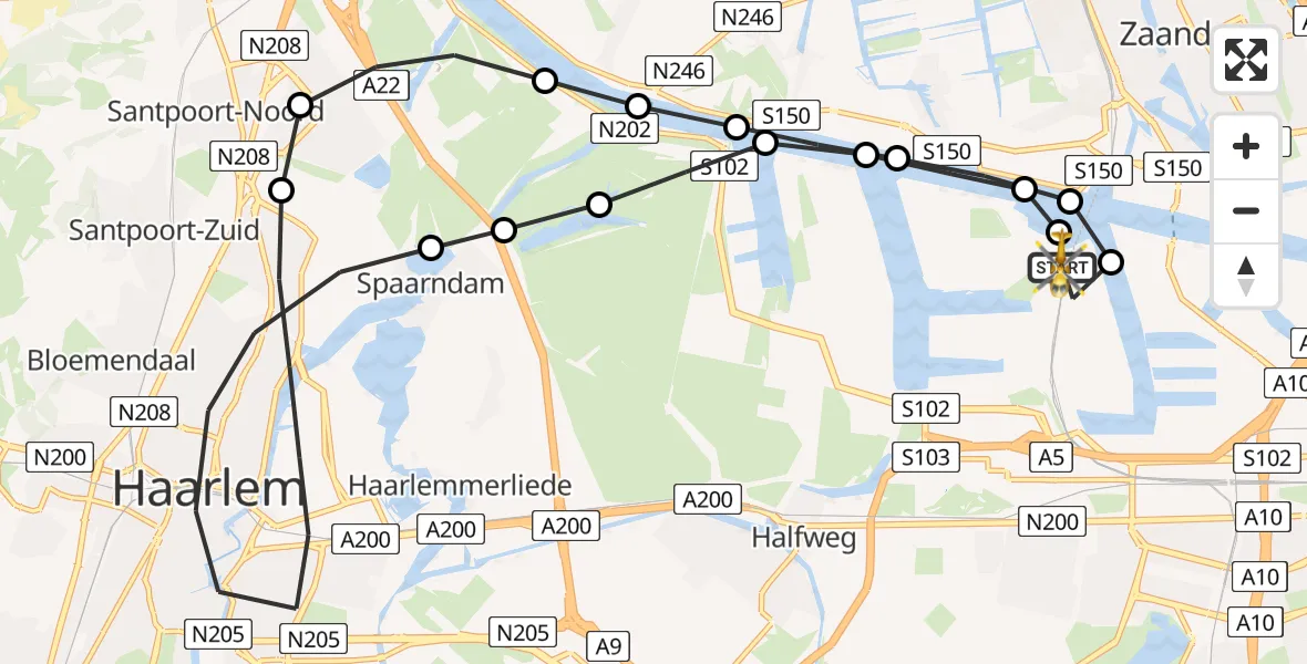 Vluchtroute Traumahelikopter van Amsterdam Heliport naar Amsterdam Heliport