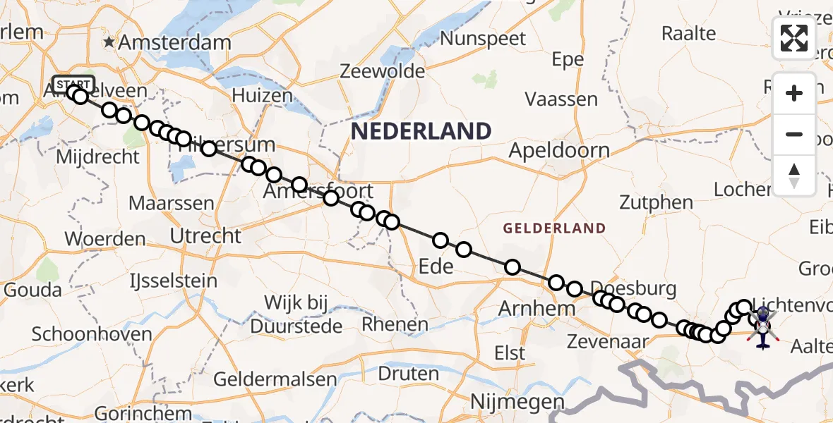 Vluchtroute Politiehelikopter van Amsterdam Vliegveld Schiphol naar Varsseveld