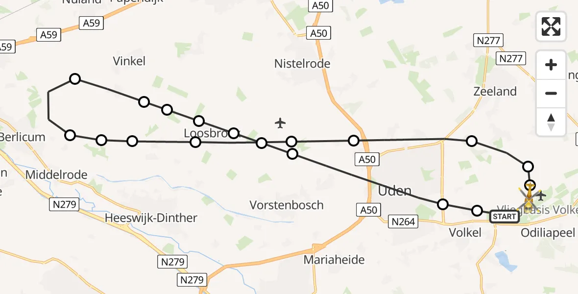 Vluchtroute Traumahelikopter van Vliegbasis Volkel naar Vliegbasis Volkel