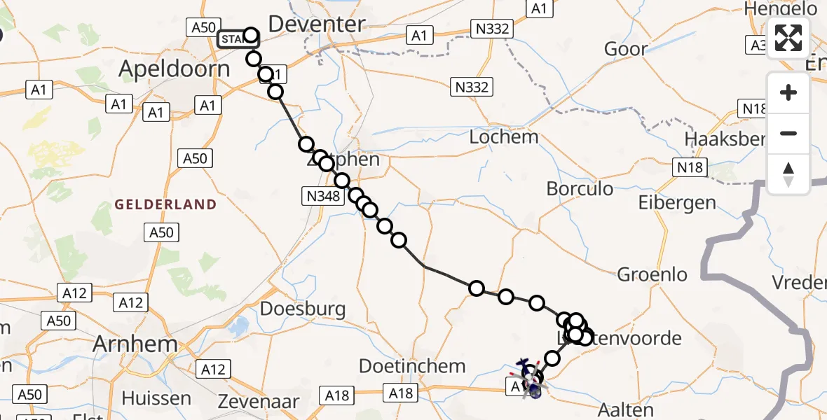 Vluchtroute Politiehelikopter van Vliegveld Teuge naar Varsseveld