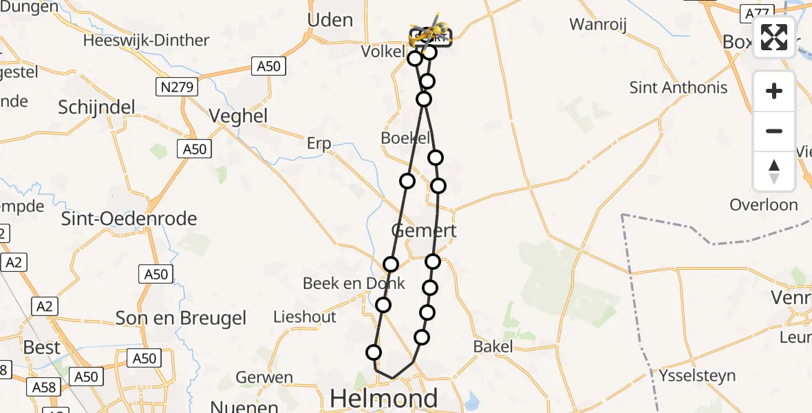 Vluchtroute Traumahelikopter van Vliegbasis Volkel naar Vliegbasis Volkel