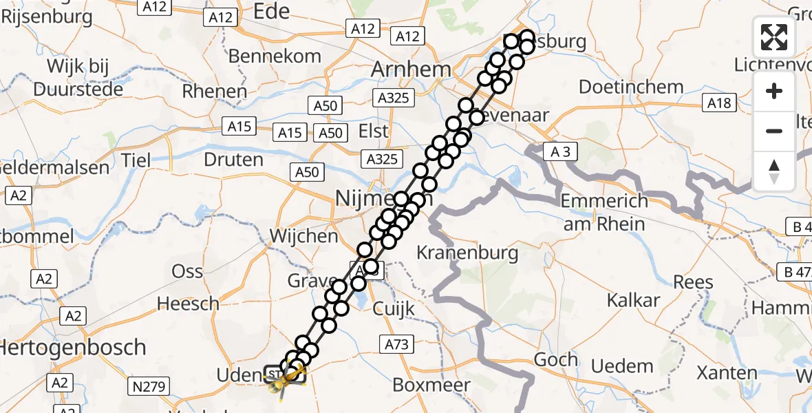 Vluchtroute Traumahelikopter van Vliegbasis Volkel naar Vliegbasis Volkel