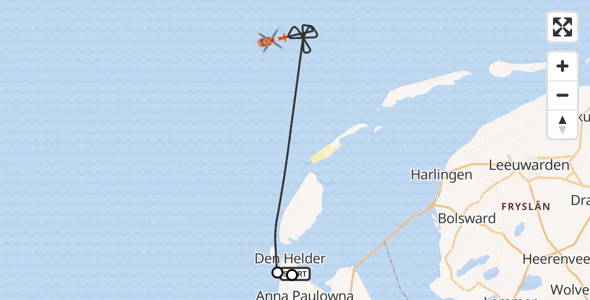 Vluchtroute Kustwachthelikopter van Militair vliegveld De Kooy / Den Helder Airport naar Noordzee
