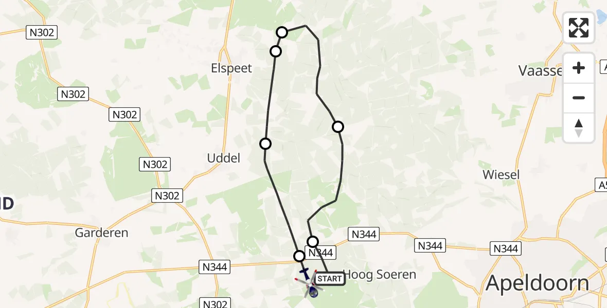 Vluchtroute Politiehelikopter van Hoog Soeren naar Hoog Soeren