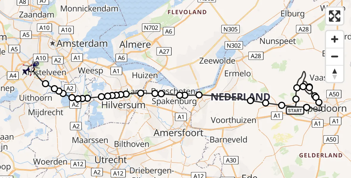 Vluchtroute Politiehelikopter van Hoog Soeren naar Amsterdam Vliegveld Schiphol