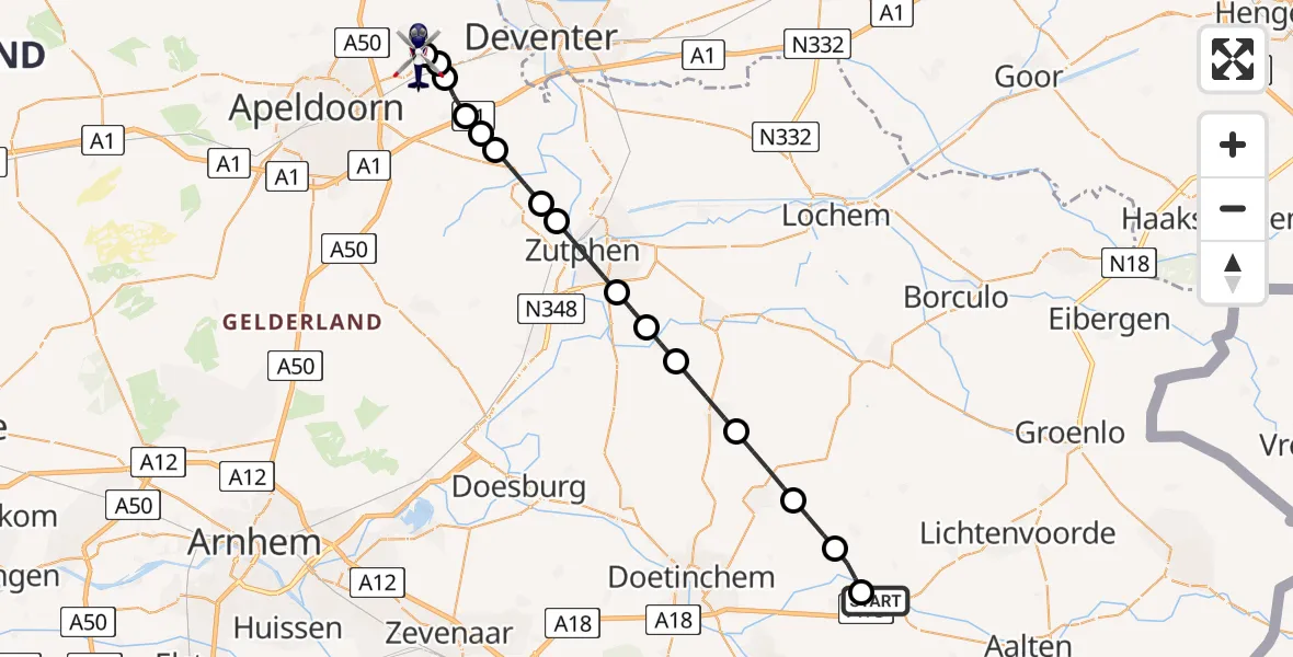 Vluchtroute Politiehelikopter van Varsseveld naar Vliegveld Teuge