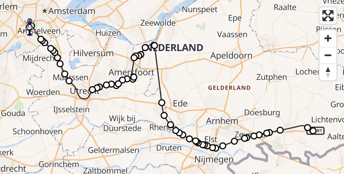 Vluchtroute Politiehelikopter van Varsseveld naar Amsterdam Vliegveld Schiphol