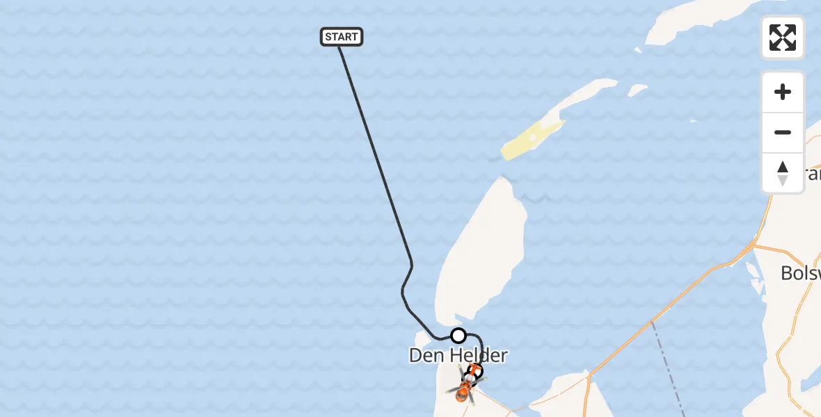 Vluchtroute Kustwachthelikopter van Noordzee naar Militair vliegveld De Kooy / Den Helder Airport