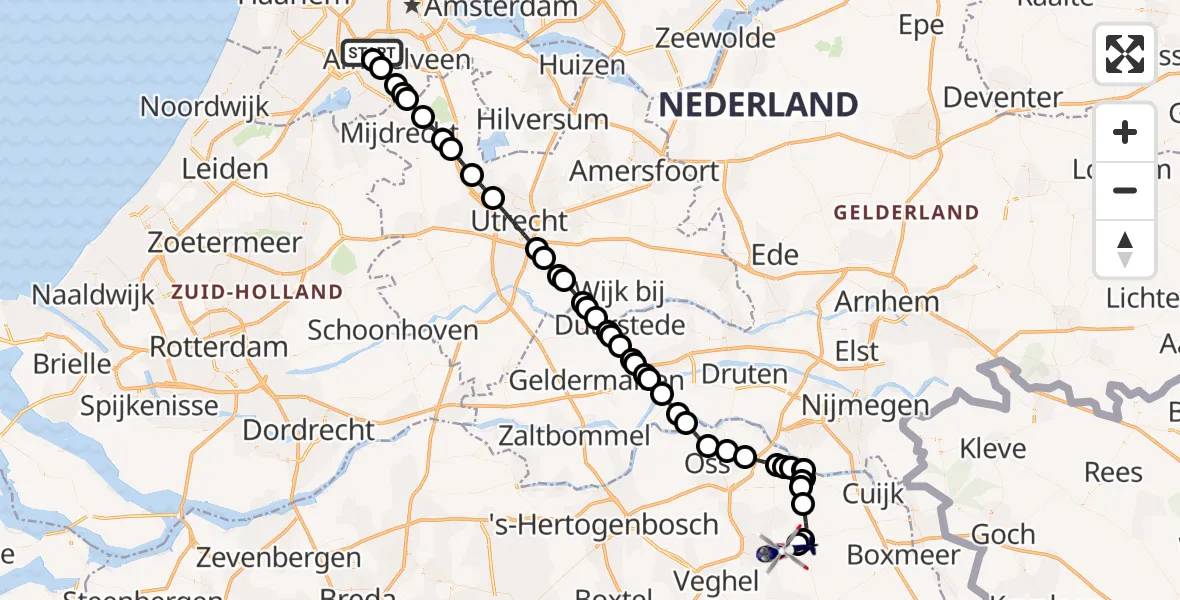 Vluchtroute Politiehelikopter van Amsterdam Vliegveld Schiphol naar Vliegbasis Volkel