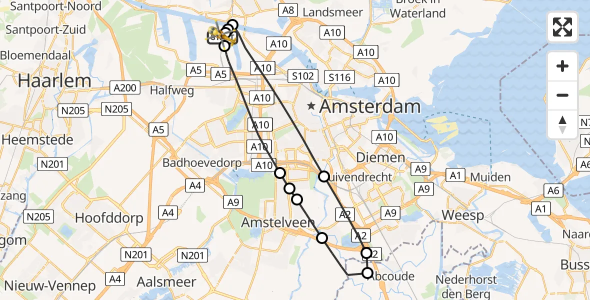 Vluchtroute Traumahelikopter van Amsterdam Heliport naar Amsterdam Heliport
