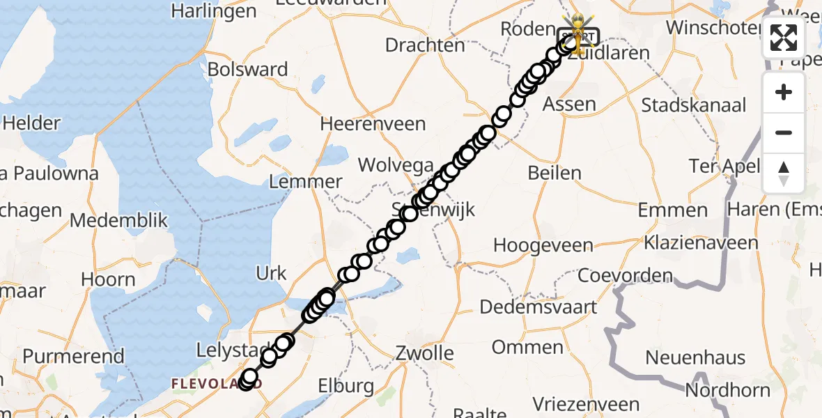 Vluchtroute Traumahelikopter van Groningen Airport Eelde naar Groningen Airport Eelde
