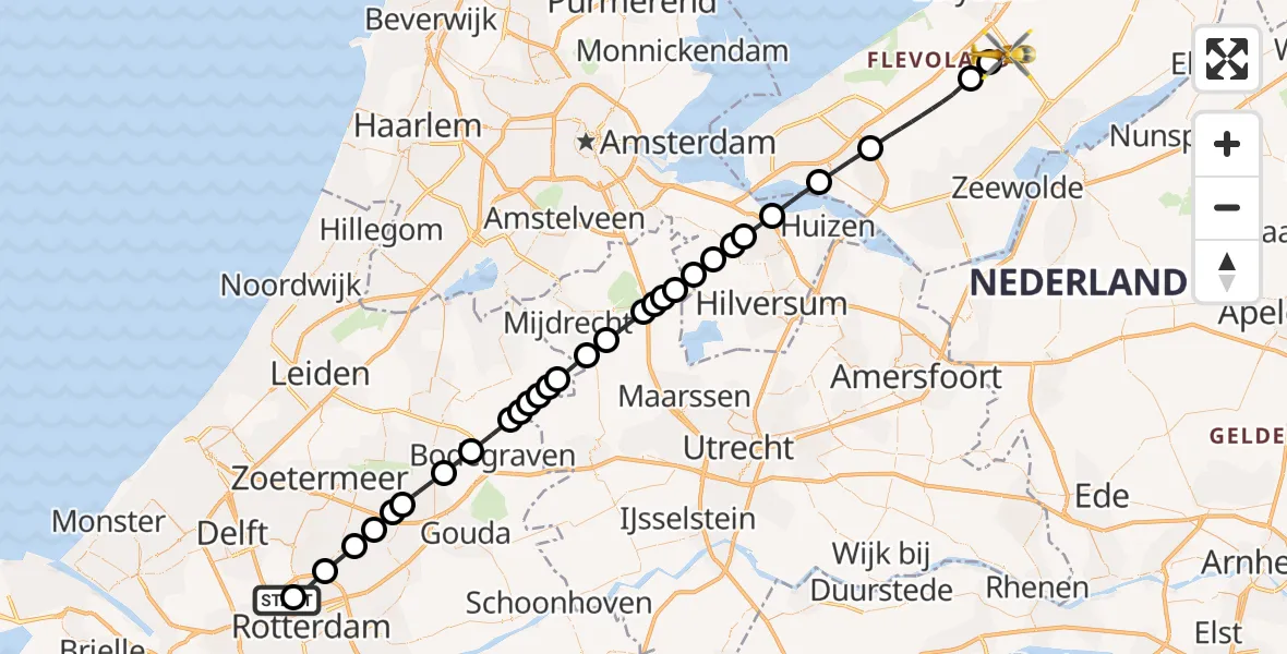 Vluchtroute Traumahelikopter van Rotterdam The Hague Airport naar Lelystad Airport
