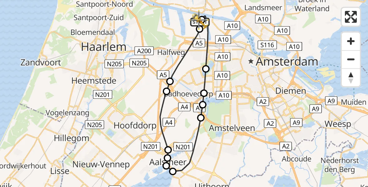Vluchtroute Traumahelikopter van Amsterdam Heliport naar Amsterdam Heliport