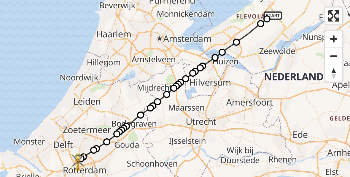 Vluchtroute Traumahelikopter van Lelystad Airport naar Rotterdam The Hague Airport
