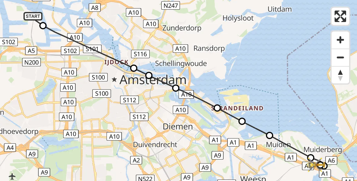 Vluchtroute Traumahelikopter van Amsterdam Heliport naar Muiderberg