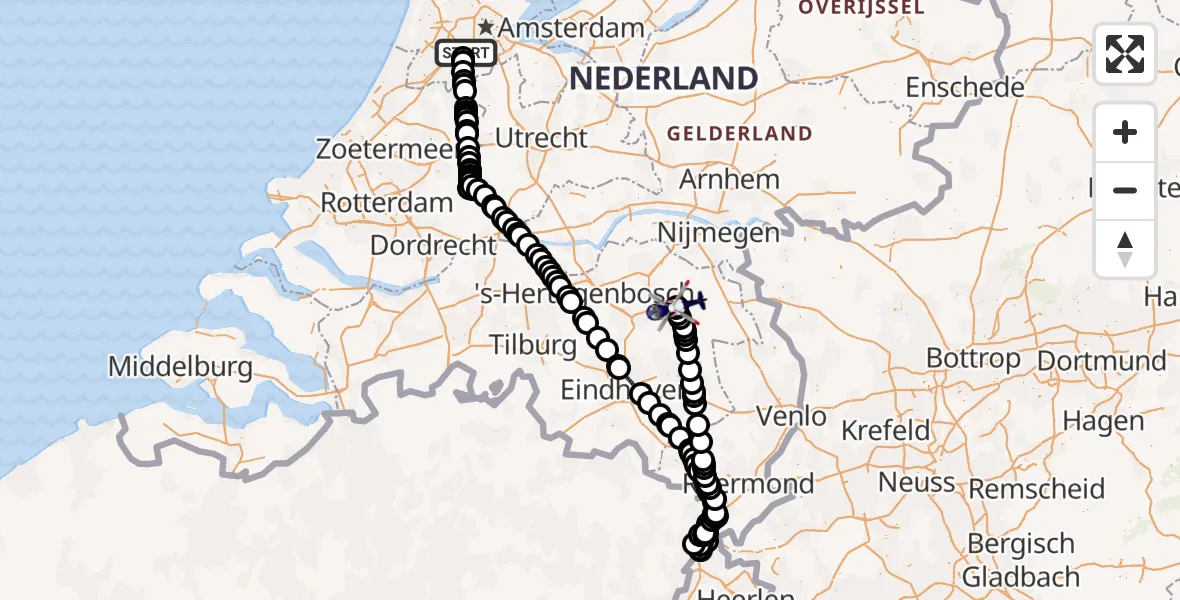 Vluchtroute Politiehelikopter van Amsterdam Vliegveld Schiphol naar Vliegbasis Volkel