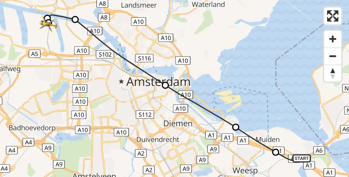 Vluchtroute Traumahelikopter van Muiderberg naar Amsterdam Heliport