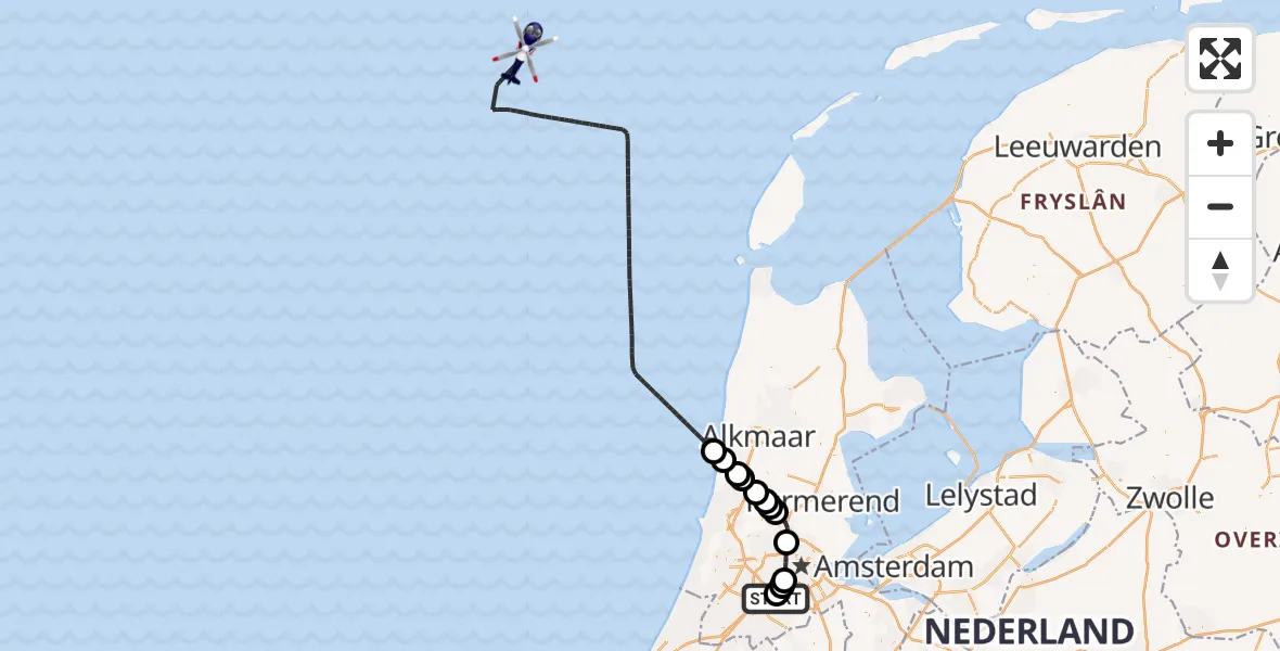 Vluchtroute Politiehelikopter van Amsterdam Vliegveld Schiphol naar Noordzee