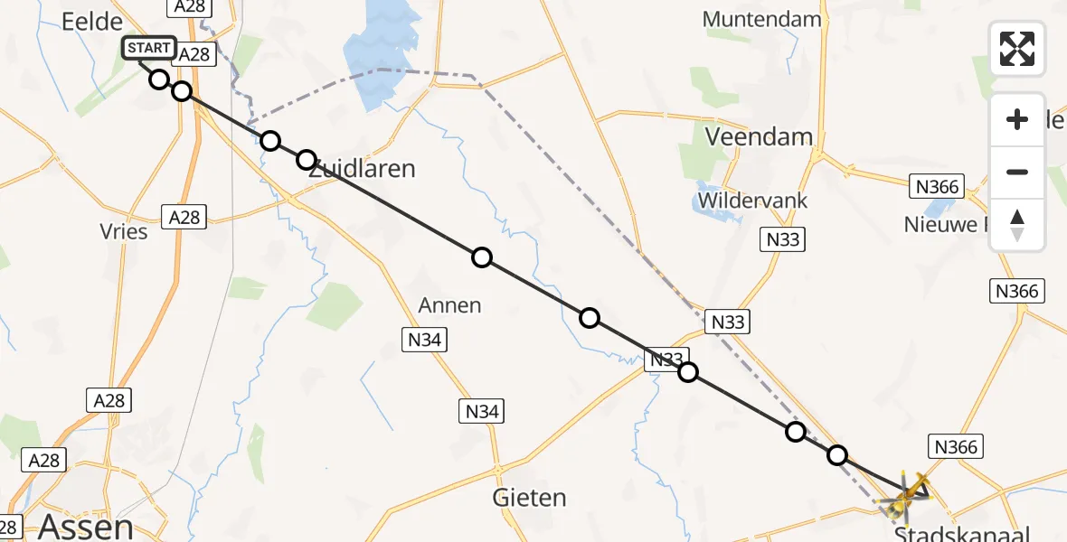 Vluchtroute Traumahelikopter van Groningen Airport Eelde naar Stadskanaal