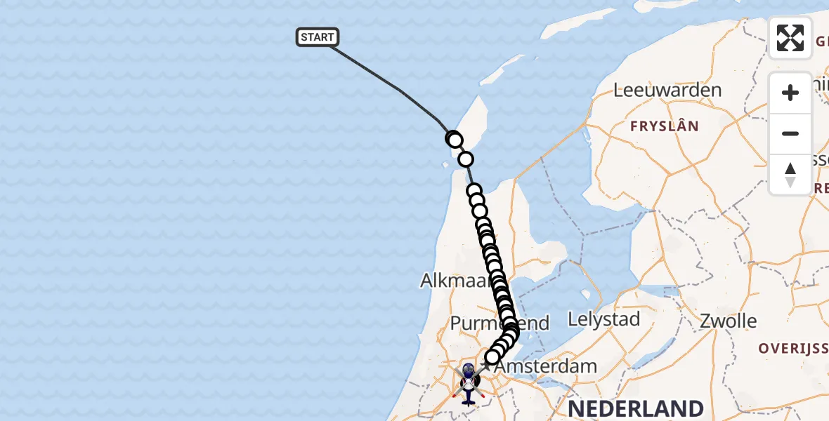 Vluchtroute Politiehelikopter van Noordzee naar Amsterdam Vliegveld Schiphol
