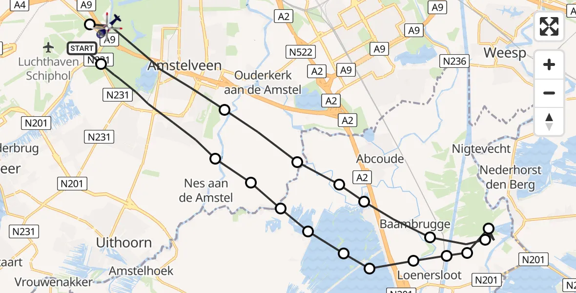 Vluchtroute Politiehelikopter van Amsterdam Vliegveld Schiphol naar Badhoevedorp