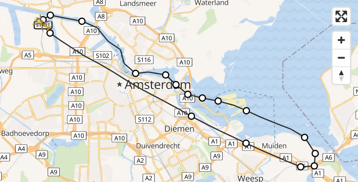 Vluchtroute Traumahelikopter van Amsterdam Heliport naar Amsterdam Heliport
