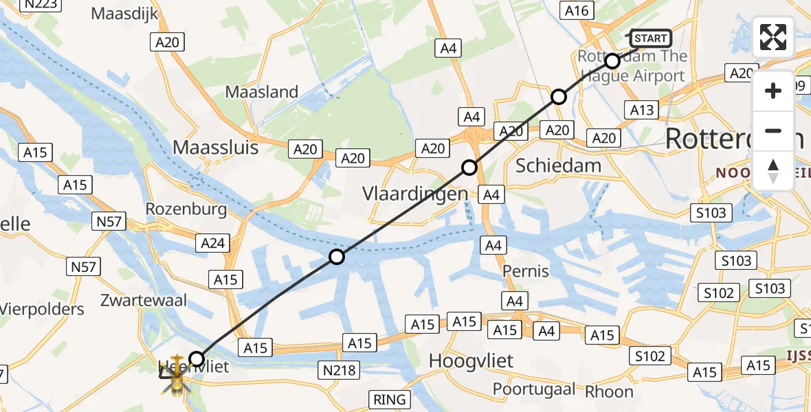 Vluchtroute Traumahelikopter van Rotterdam The Hague Airport naar Heenvliet