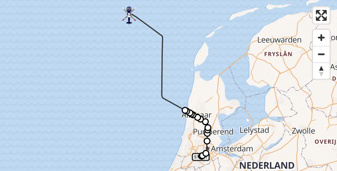 Vluchtroute Politiehelikopter van Amsterdam Vliegveld Schiphol naar Noordzee